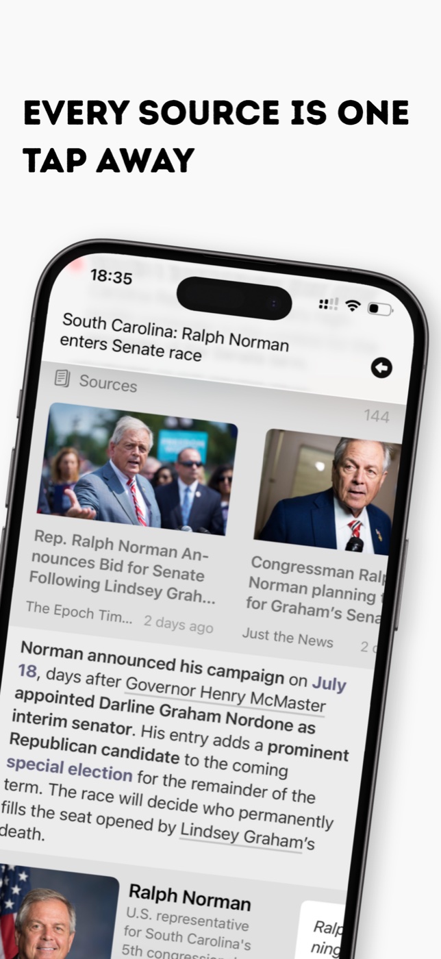 Trimmed App Store preview showing original article sources, a story summary, and a profile of a person involved.