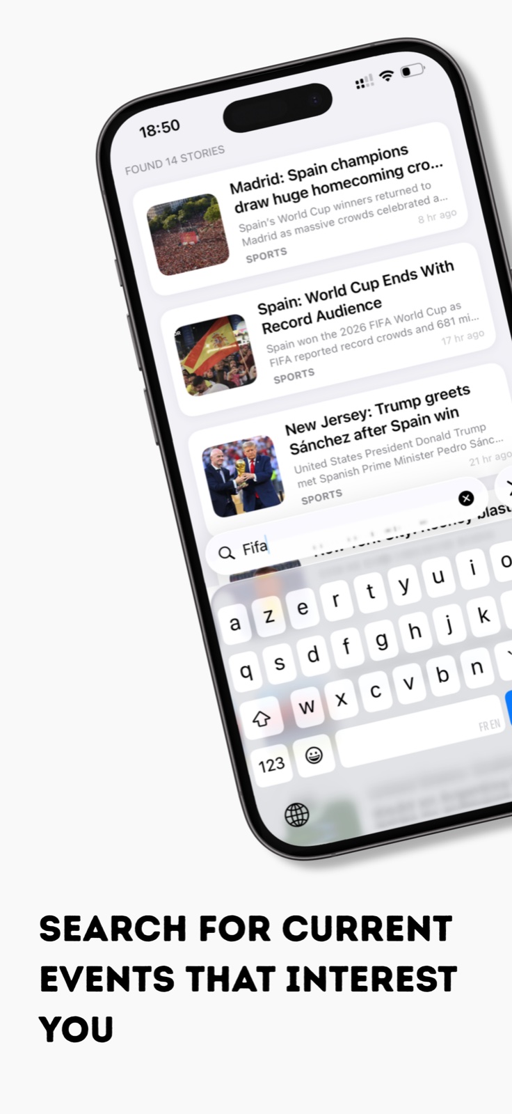 App Store preview showing a topic search and matching recent stories in Trimmed.